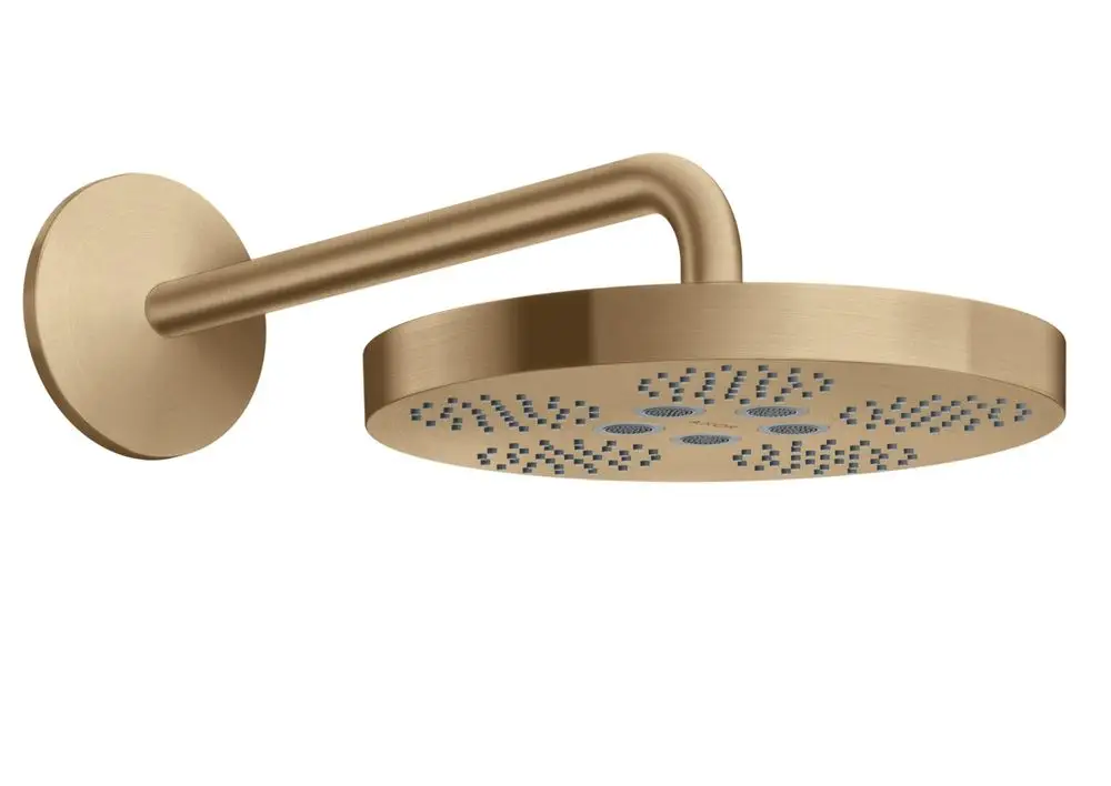 Kopfbrause in gebürstetem Bronze-Finish, an einem schlichten Brausearm montiert. Design von AXOR mit einer runden Form und einer perforierten Düse für Wasserverteilung.